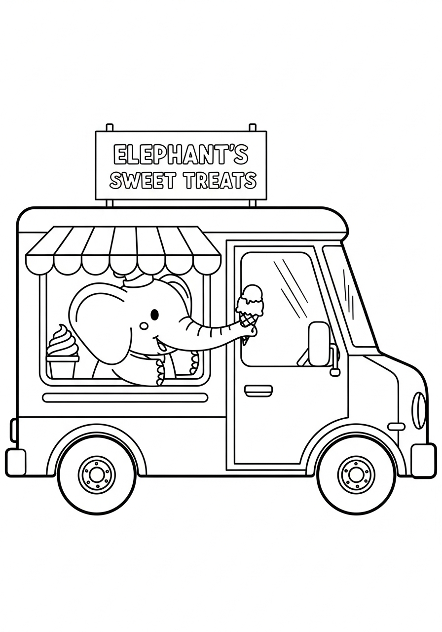 Elephant serving from ice cream truck coloring page