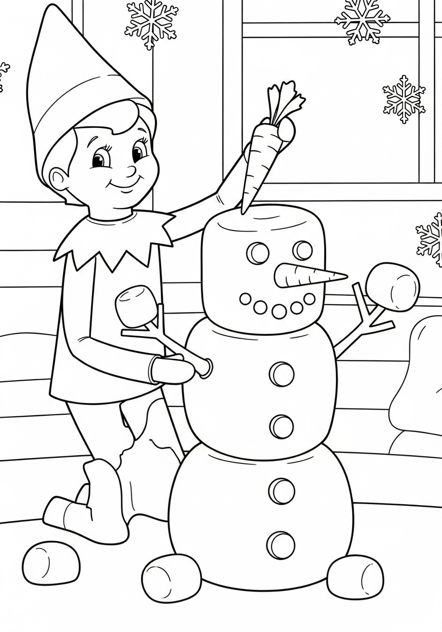 Elf on the Shelf Coloring Pages 2 Elf building a snowman out of marshmallows