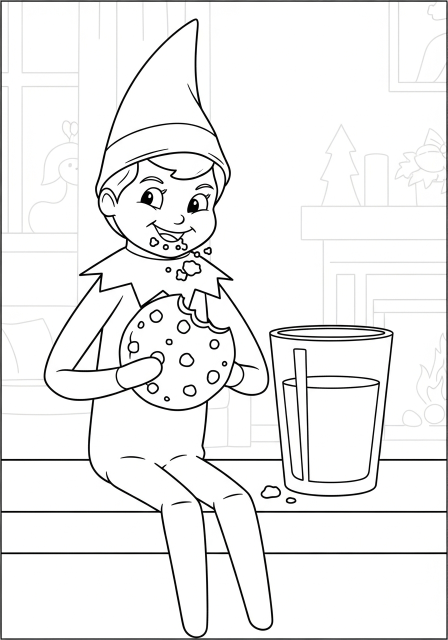 Elf on the Shelf Coloring Pages 5 Elf eating a cookie left for Santa