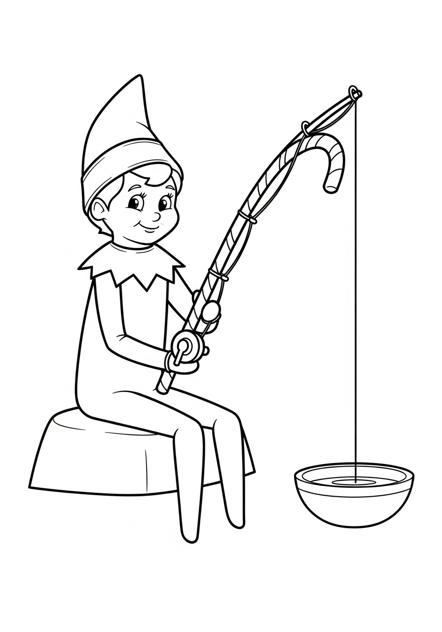 Elf on the Shelf Coloring Pages 6 Elf fishing with a candy cane in a bowl