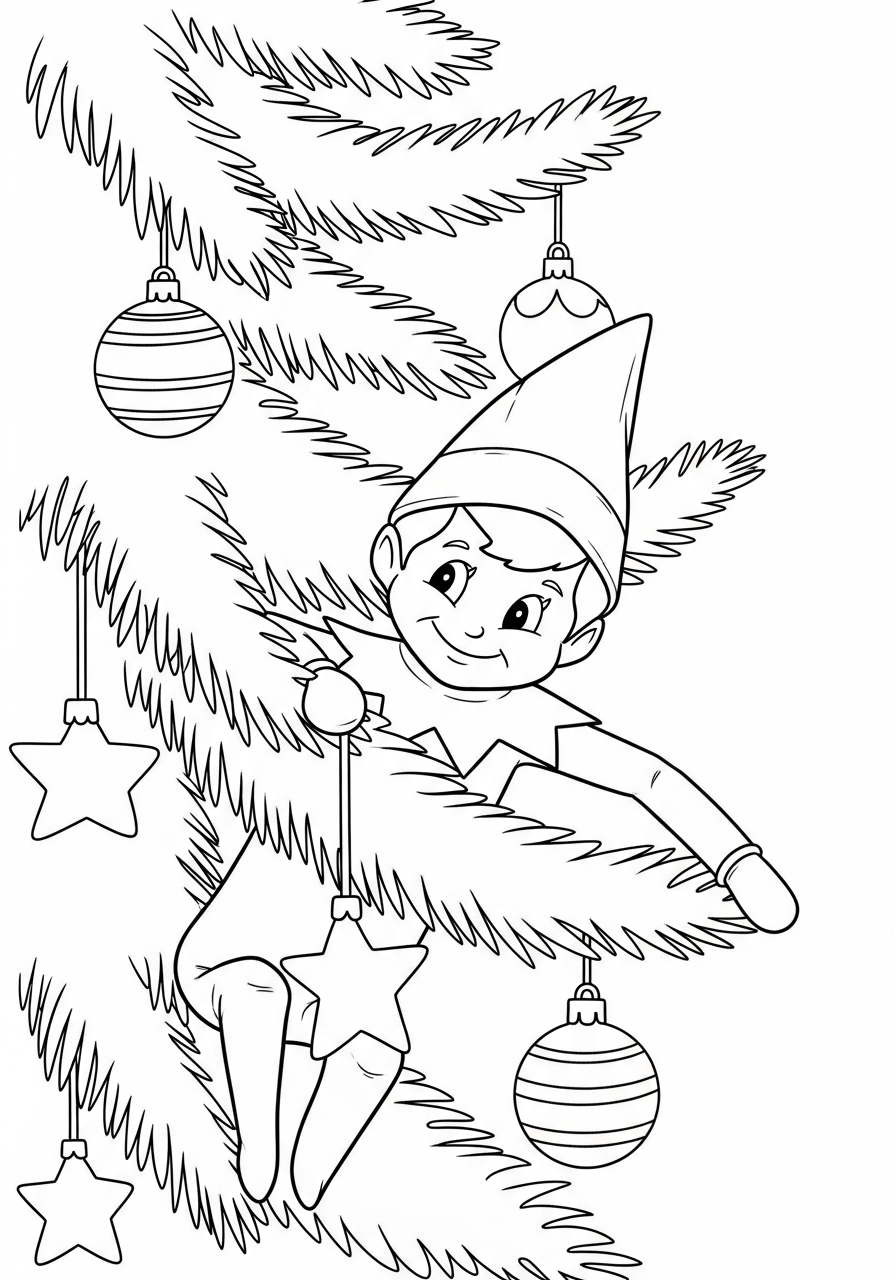 Elf on the Shelf Coloring Pages 7 Elf hiding between Christmas tree branches