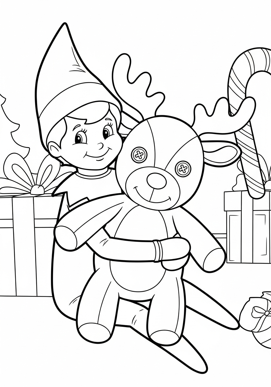 Elf on the Shelf Coloring Pages 10 Elf hugging a reindeer stuffed animal