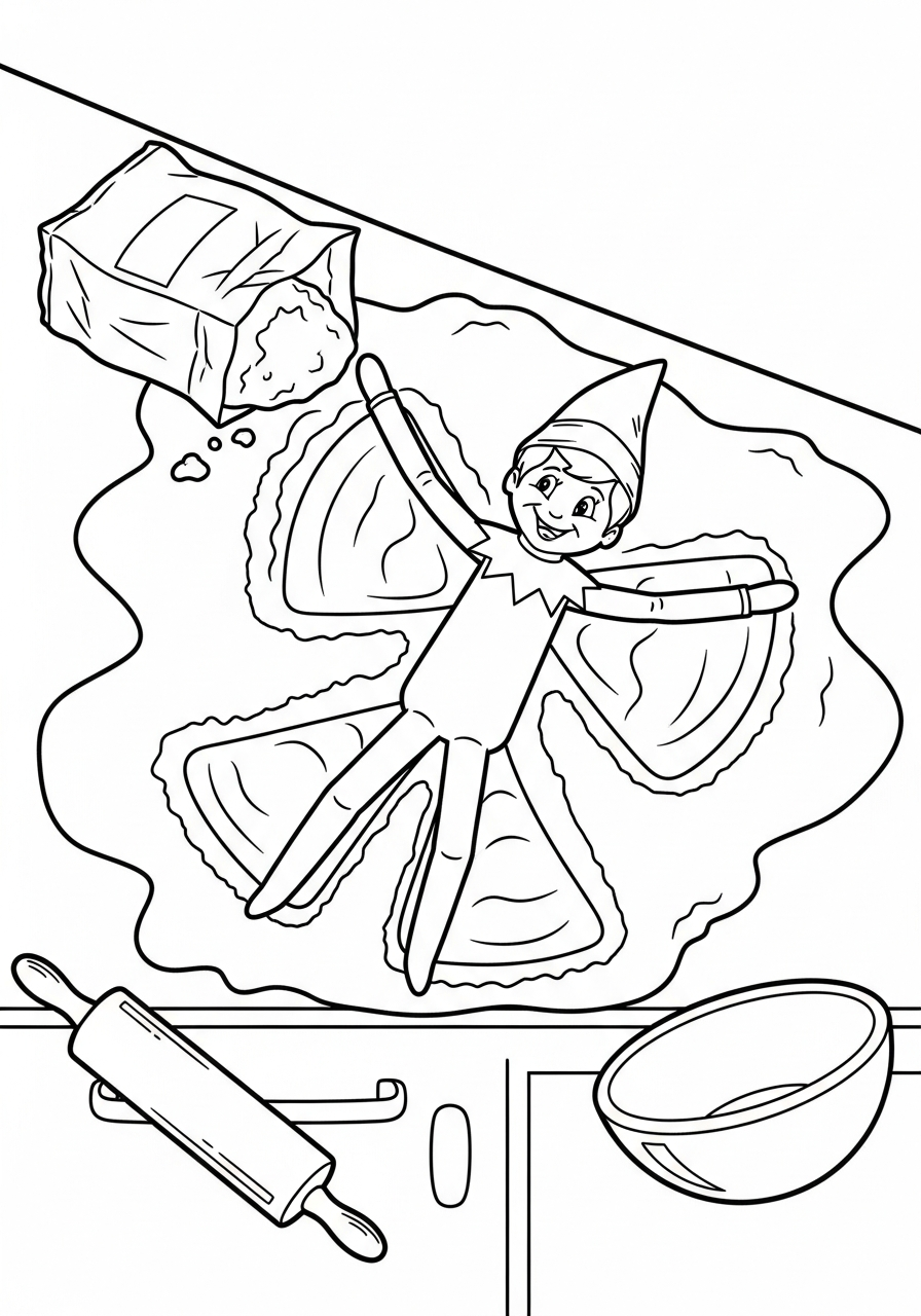 Elf on the Shelf Coloring Pages 11 Elf making a snow angel in spilled flour