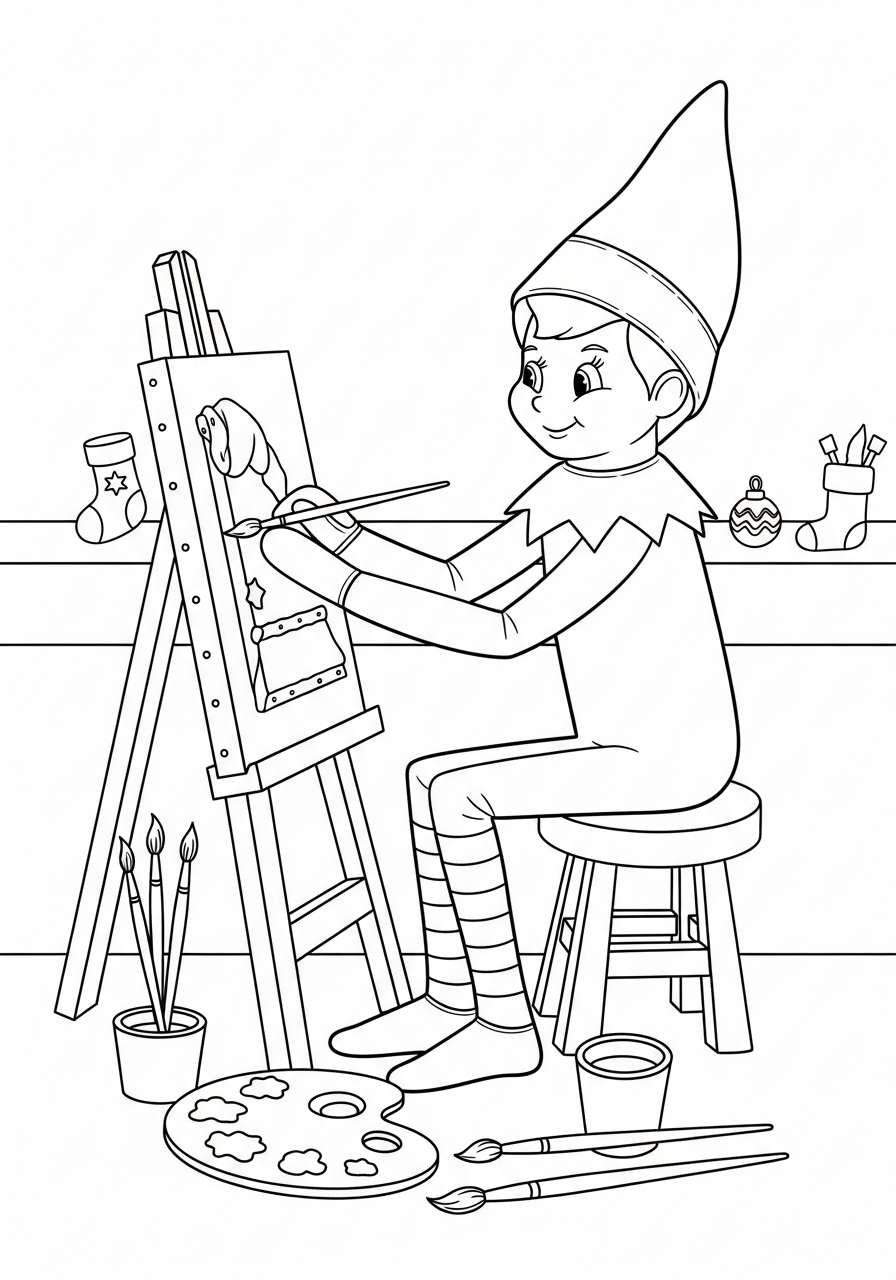 Elf on the Shelf Coloring Pages 12 Elf painting on a miniature canvas easel