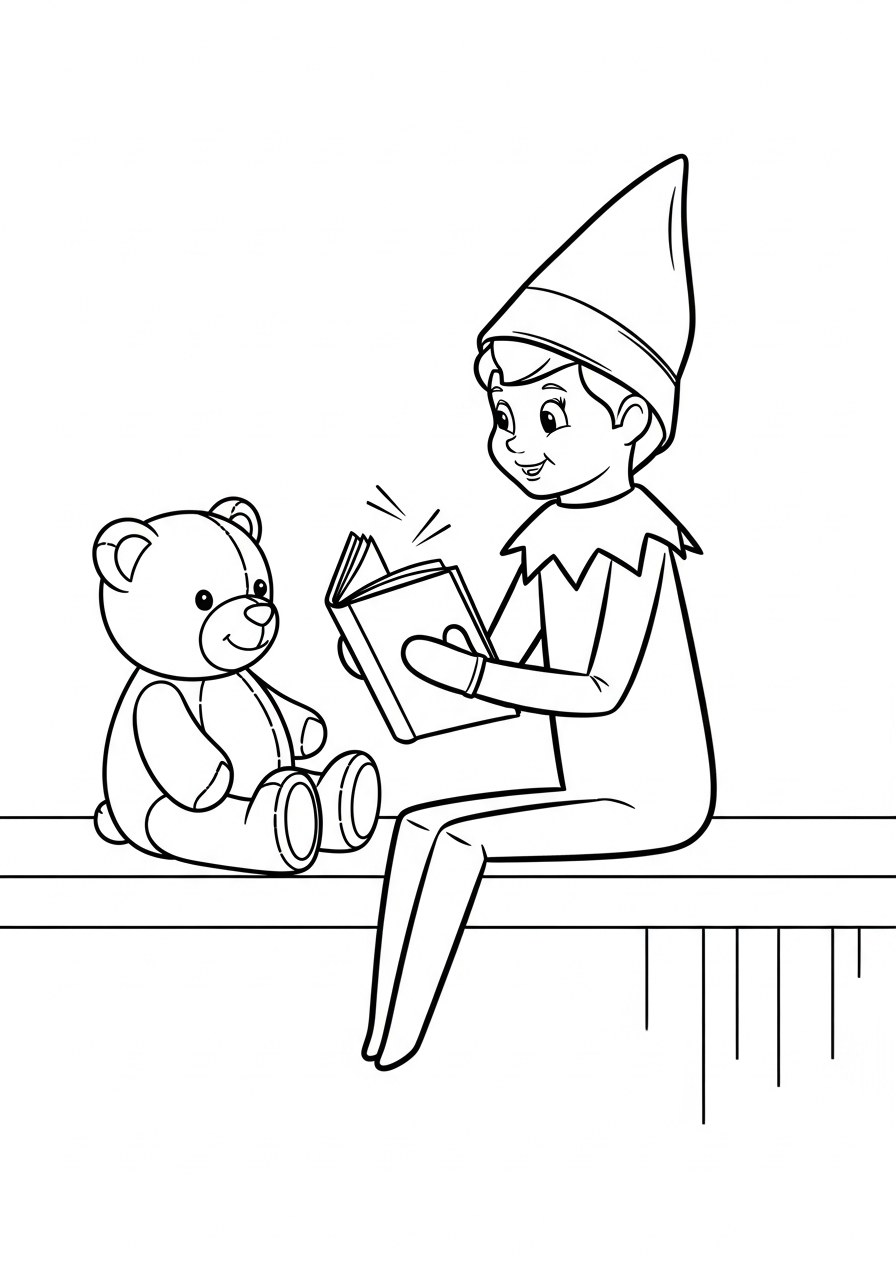 Elf on the Shelf Coloring Pages 15 Elf reading a tiny book to a teddy bear