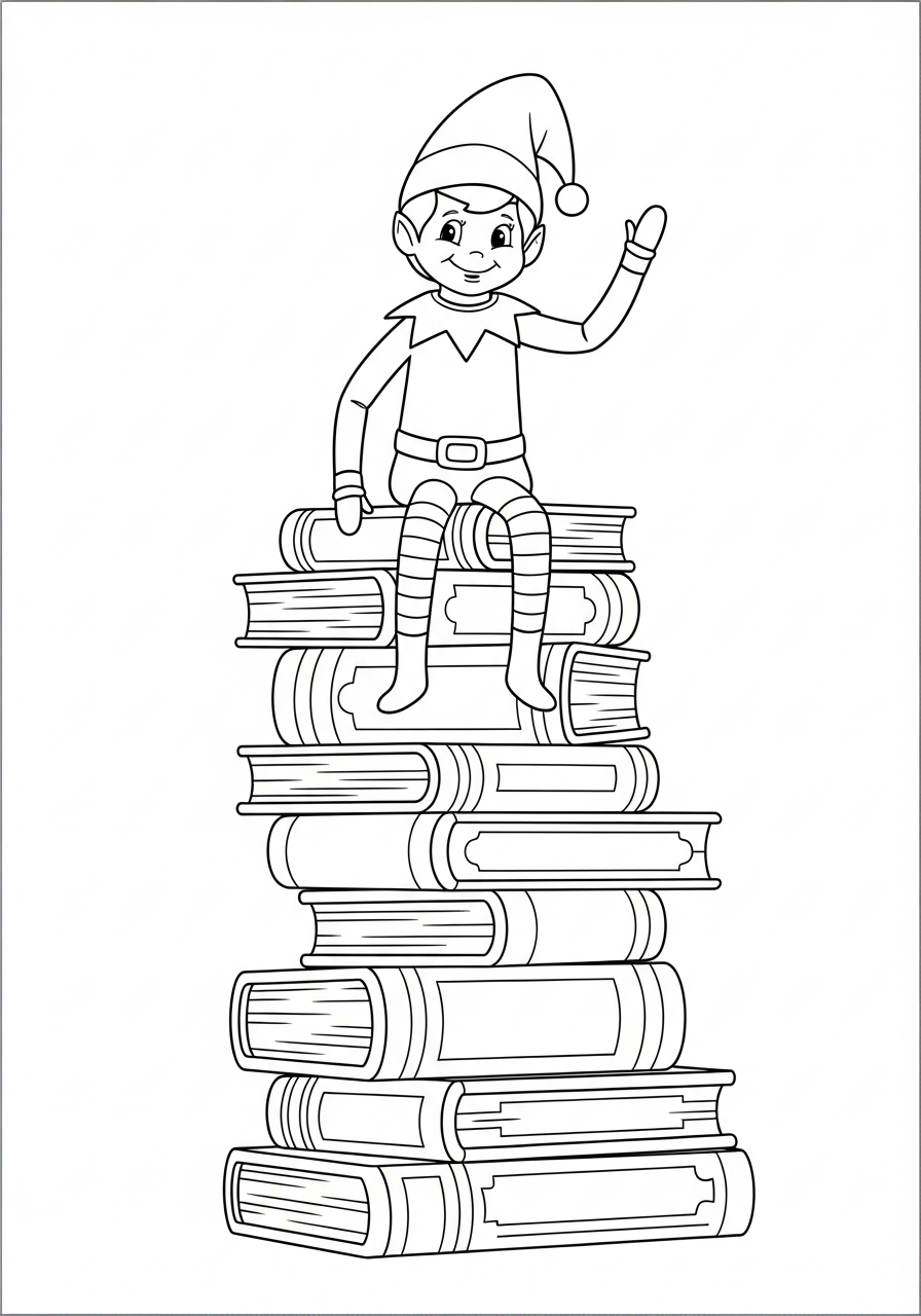 Elf on the Shelf Coloring Pages 20 Elf sitting on a tall stack of books