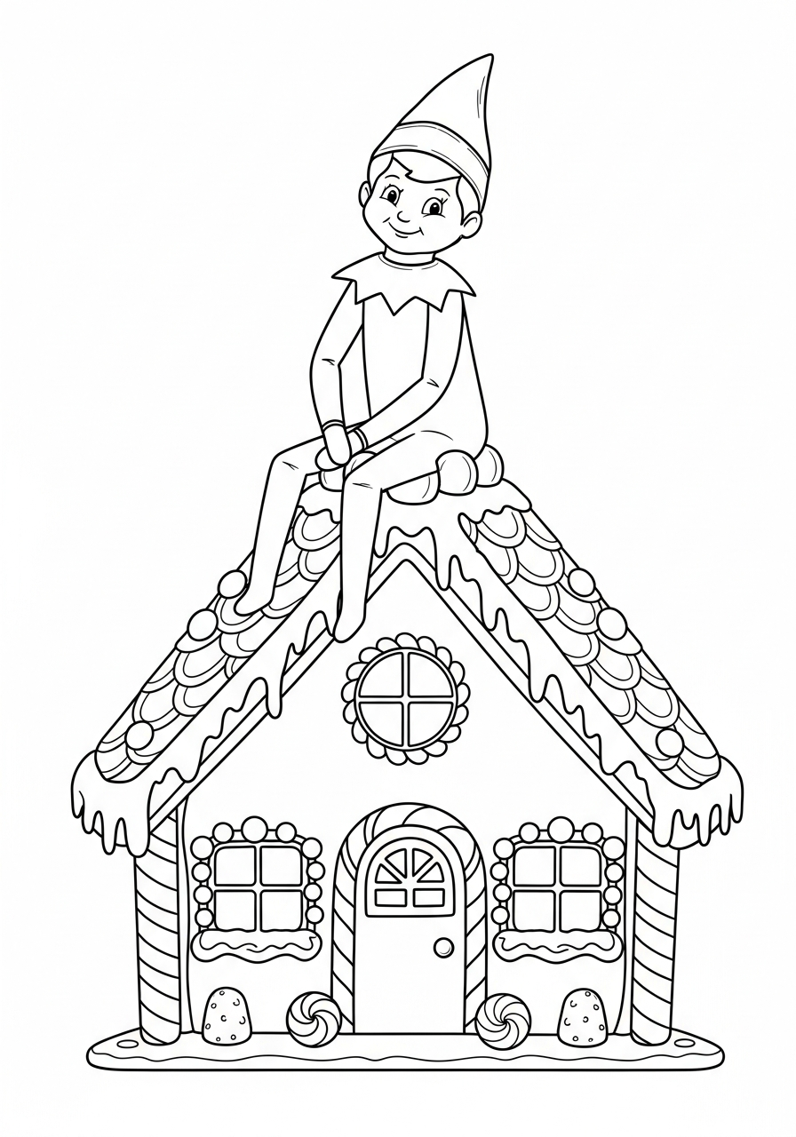 Elf on the Shelf Coloring Pages 21 Elf sitting on top of a gingerbread house