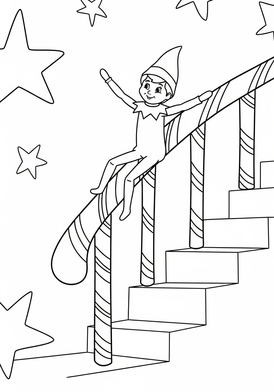 Elf on the Shelf Coloring Pages 24 Elf sliding down a candy cane banister