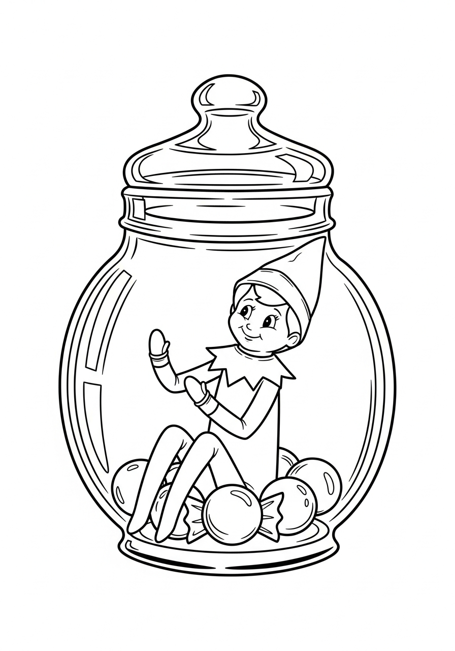 Elf on the Shelf Coloring Pages 25 Elf stuck inside a clear glass candy jar