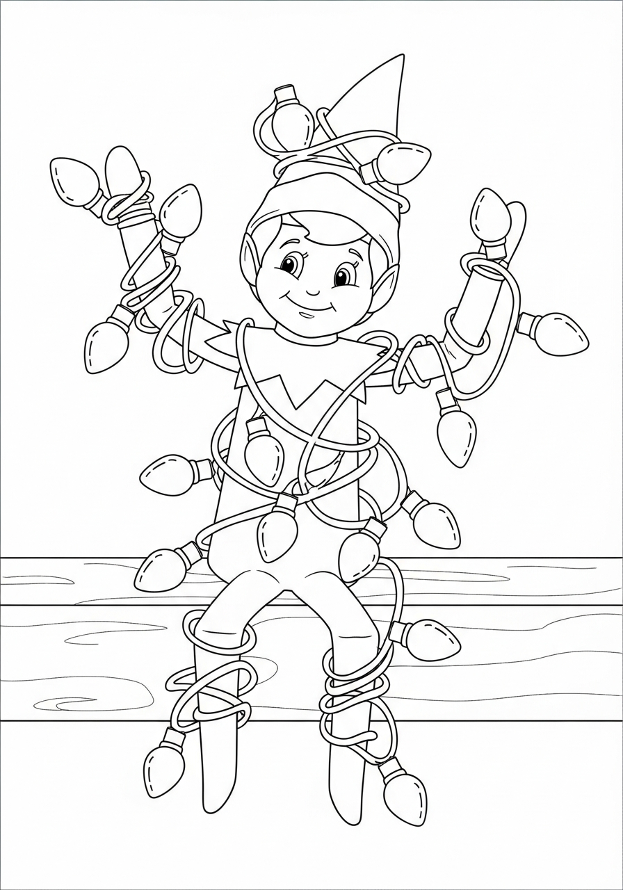 Elf on the Shelf Coloring Pages 27 Elf tangled up in a string of Christmas lights
