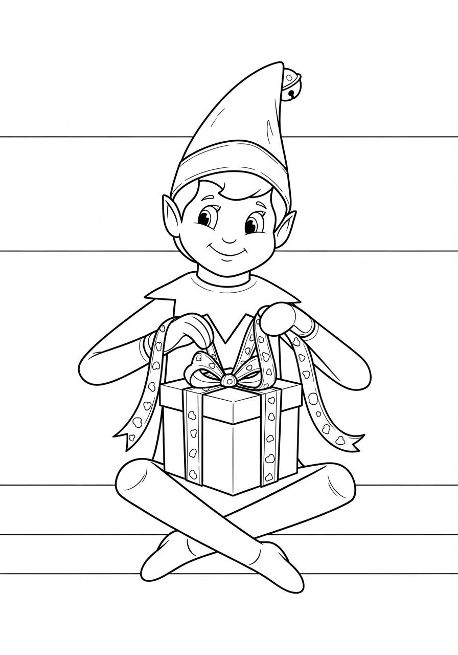 Elf on the Shelf Coloring Pages 29 Elf wrapping a small gift box with ribbon