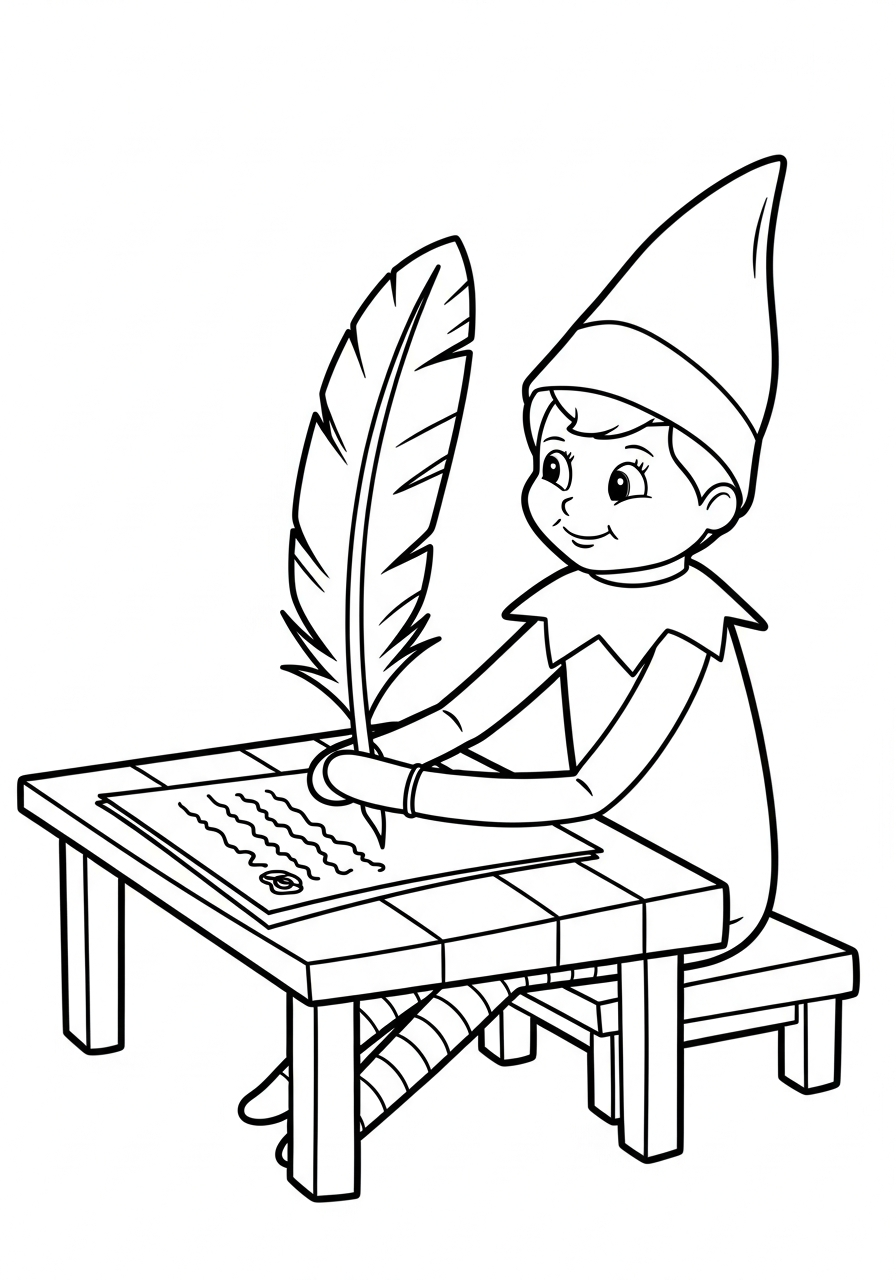 Elf on the Shelf Coloring Pages 30 Elf writing a letter with a large quill pen