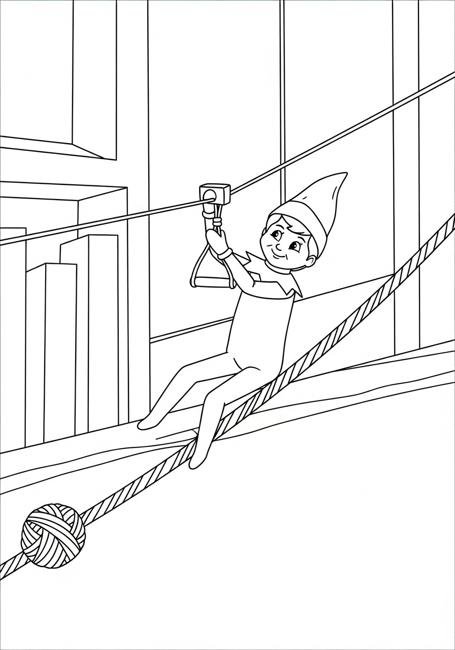 Elf on the Shelf Coloring Pages 31 Elf ziplining on a piece of yarn