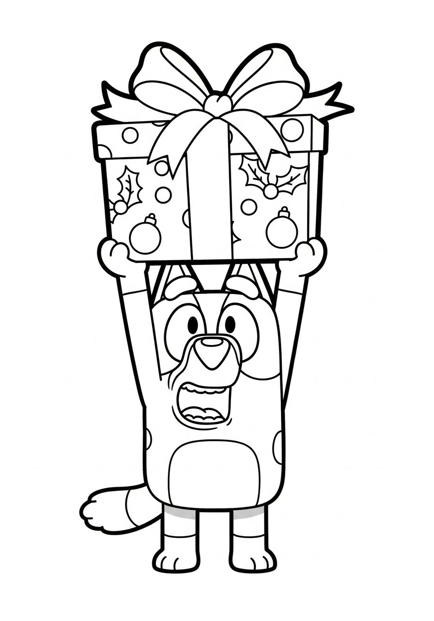 Bluey Christmas Coloring Pages 13 Excited Muffin holding a gift coloring page