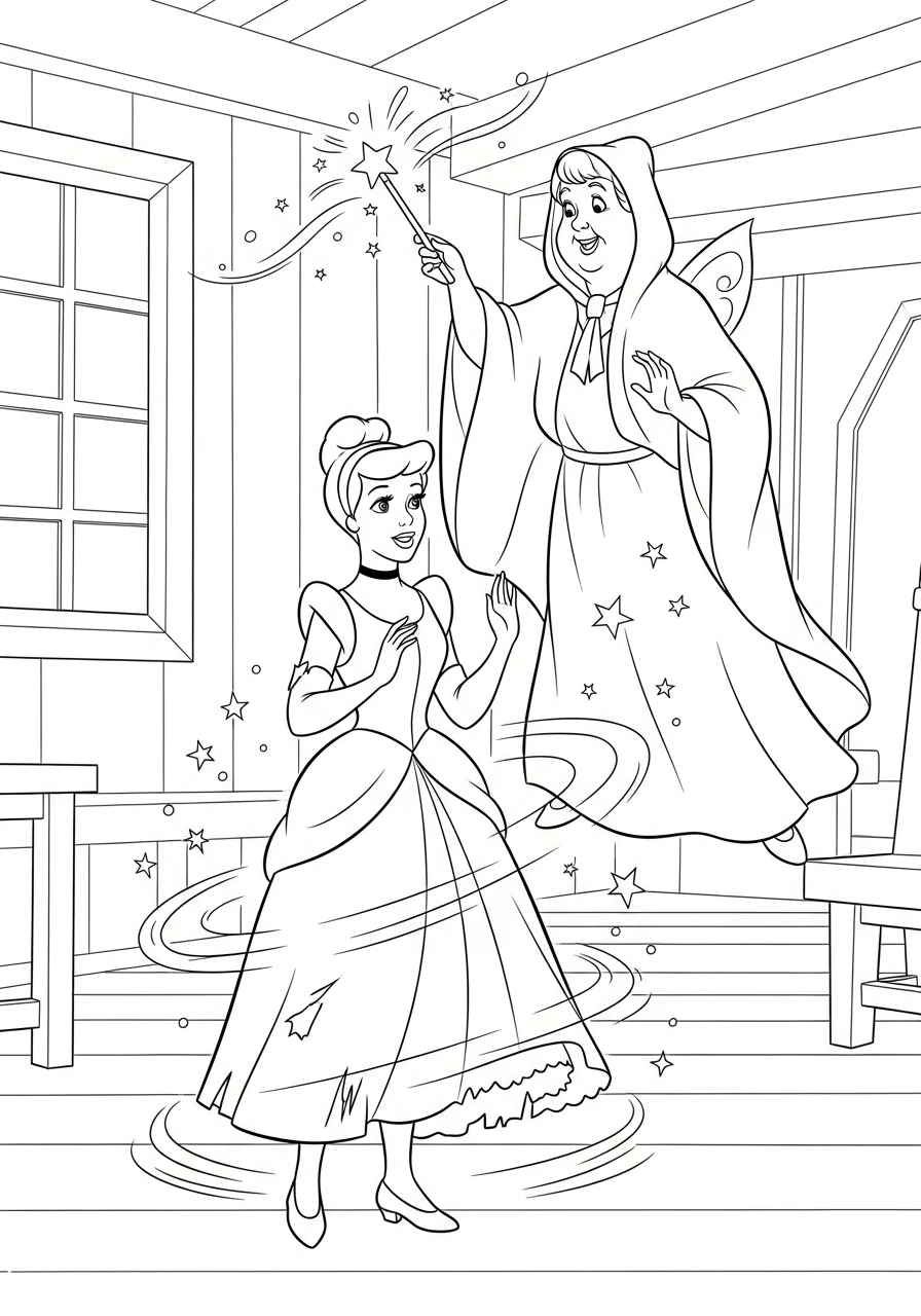 Fairy Godmother transforming Cinderella dress coloring page