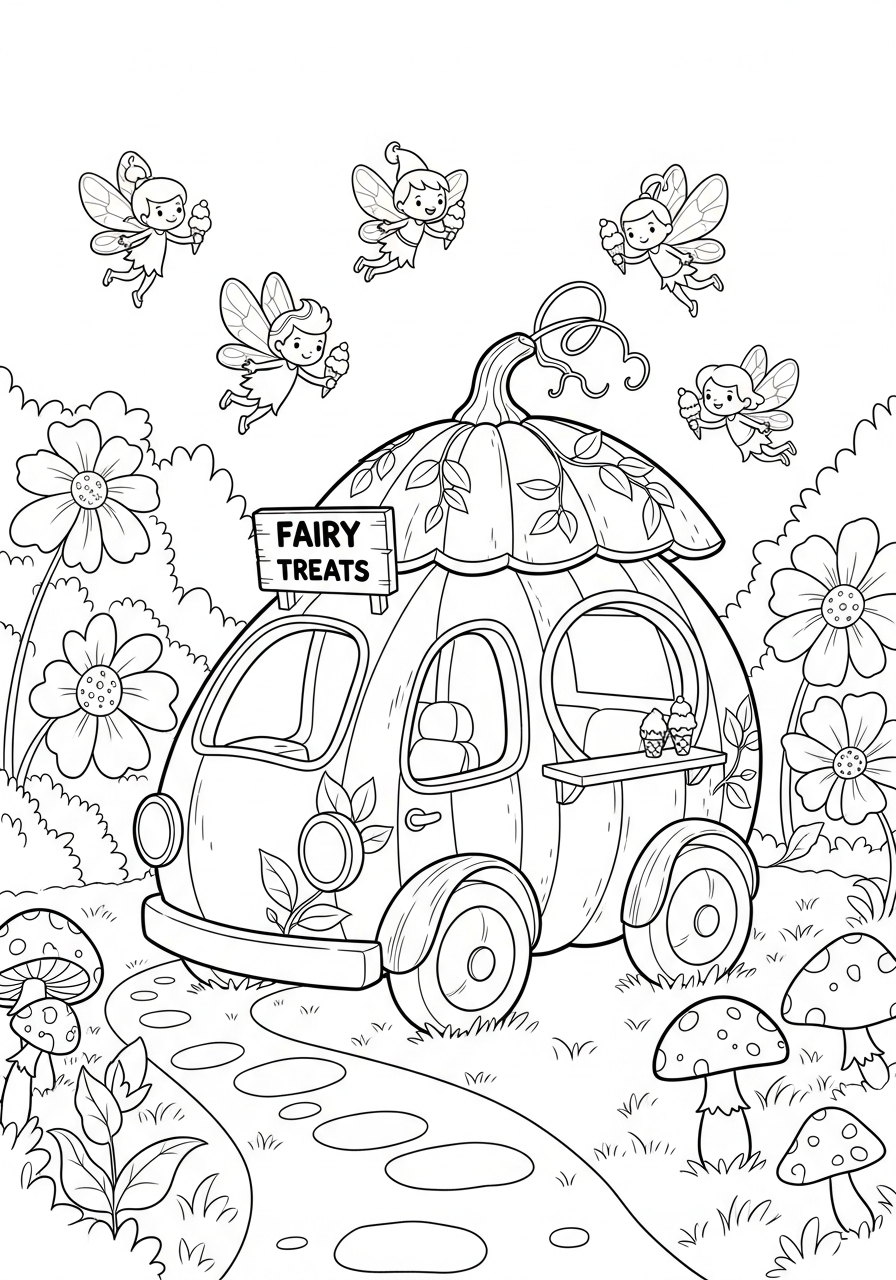Fairy garden fantasy ice cream truck coloring page