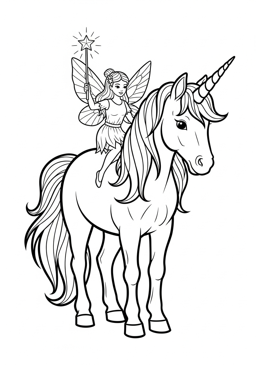 Unicorn Coloring Pages 9 Fairy riding on magical unicorn coloring page