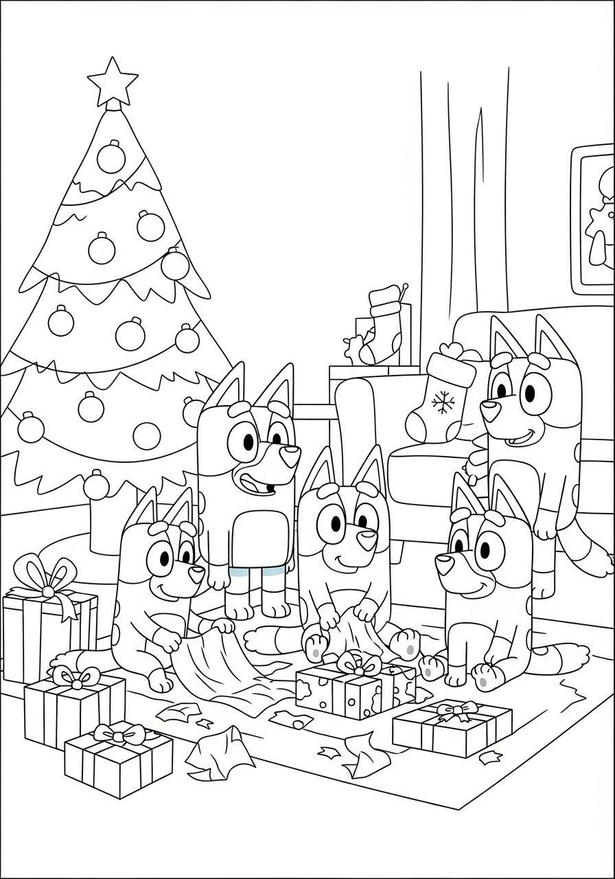 Bluey Christmas Coloring Pages 14 Family opening Christmas presents together coloring page