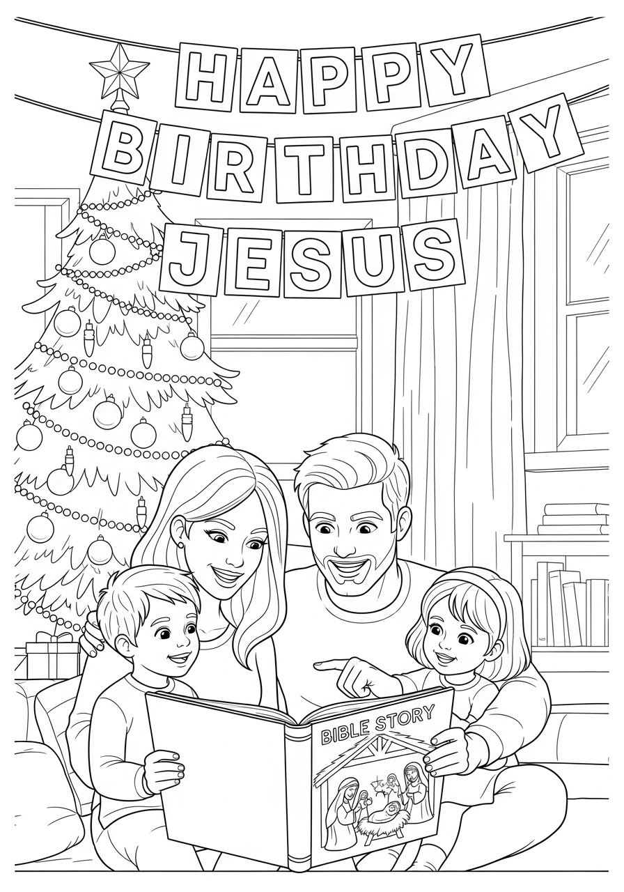 Family reading Bible under tree coloring page