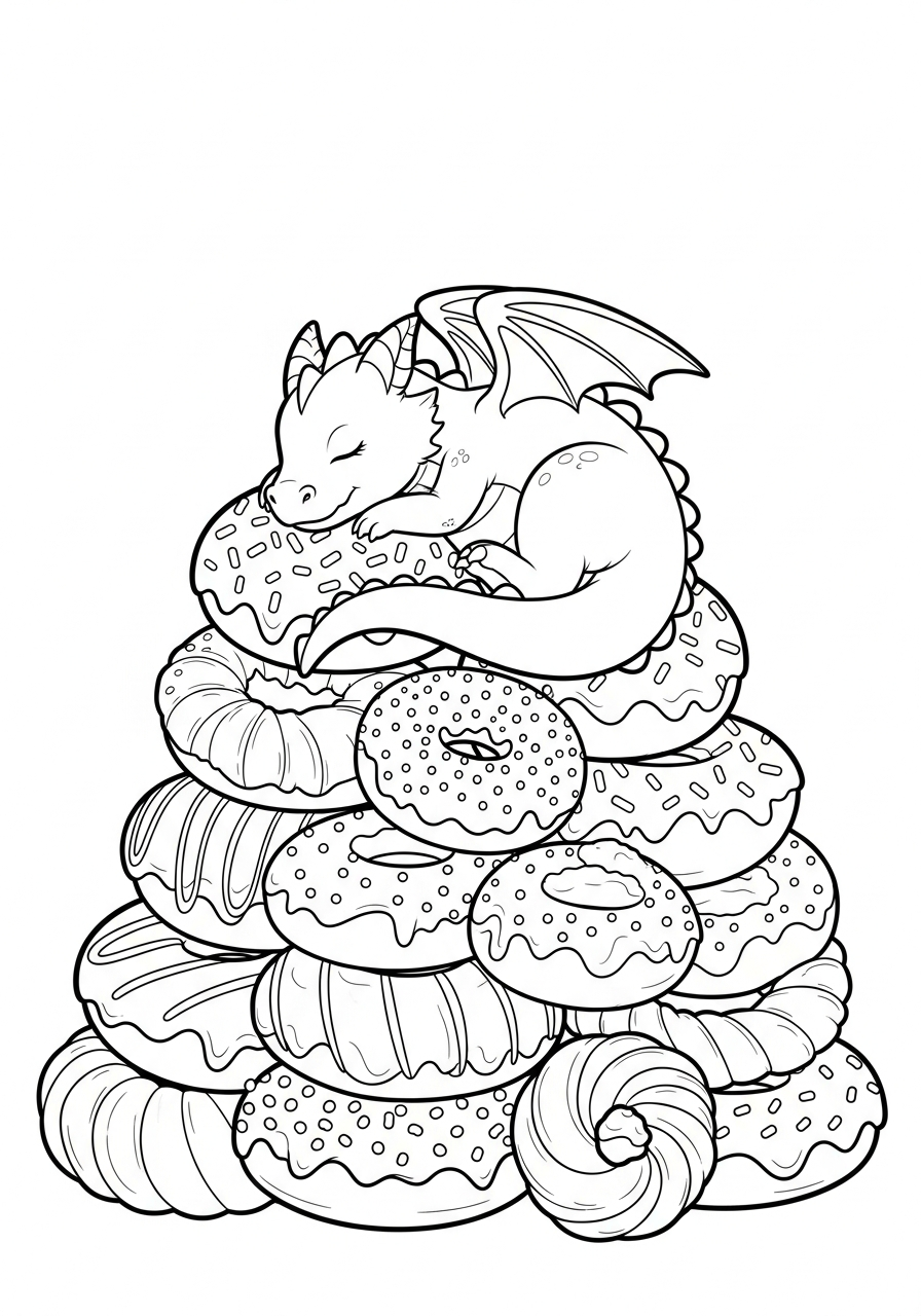 Donut Coloring Pages 18 Fantasy dragon guarding donut pile coloring page