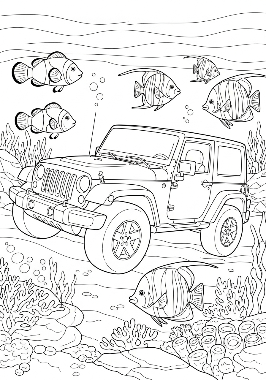Jeep Coloring Pages 4 Fantasy underwater Jeep driving coloring page