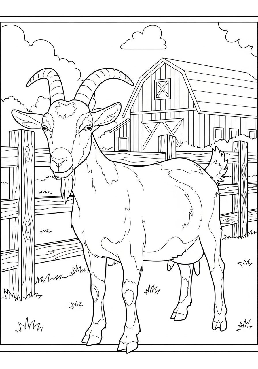 Farm animal goat near barn coloring page