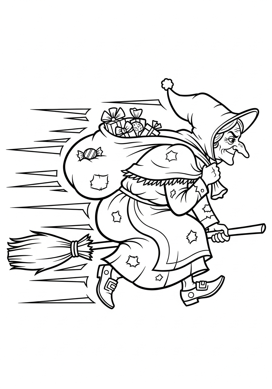 La Befana Coloring Pages 4 Fast witch zooming on broom coloring page