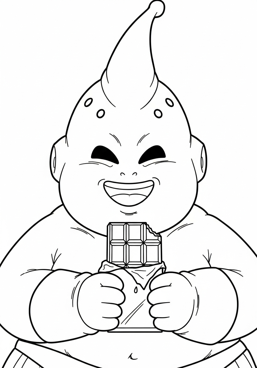 Fat Buu holding chocolate bar coloring page