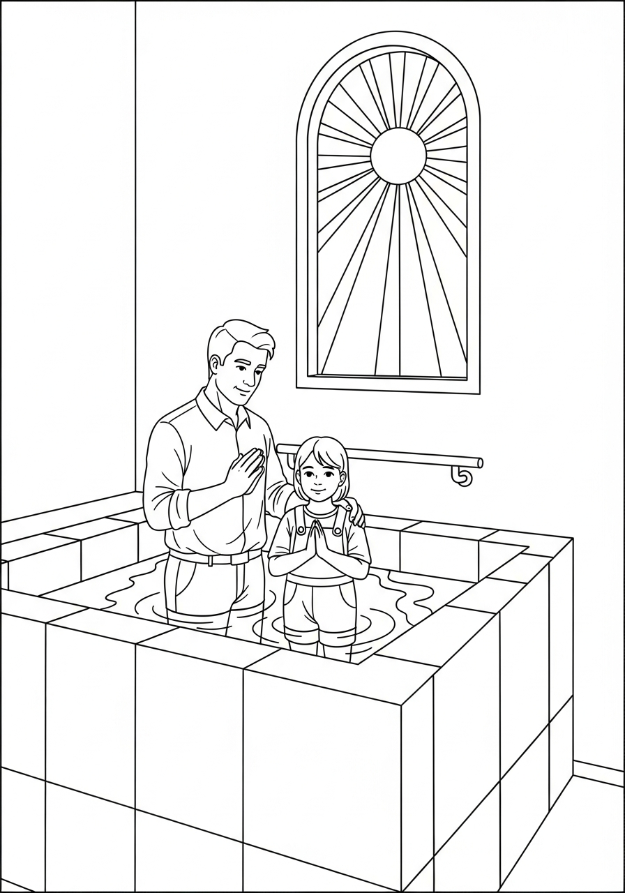LDS Baptism Coloring Pages 9 Father and child inside baptismal font coloring page