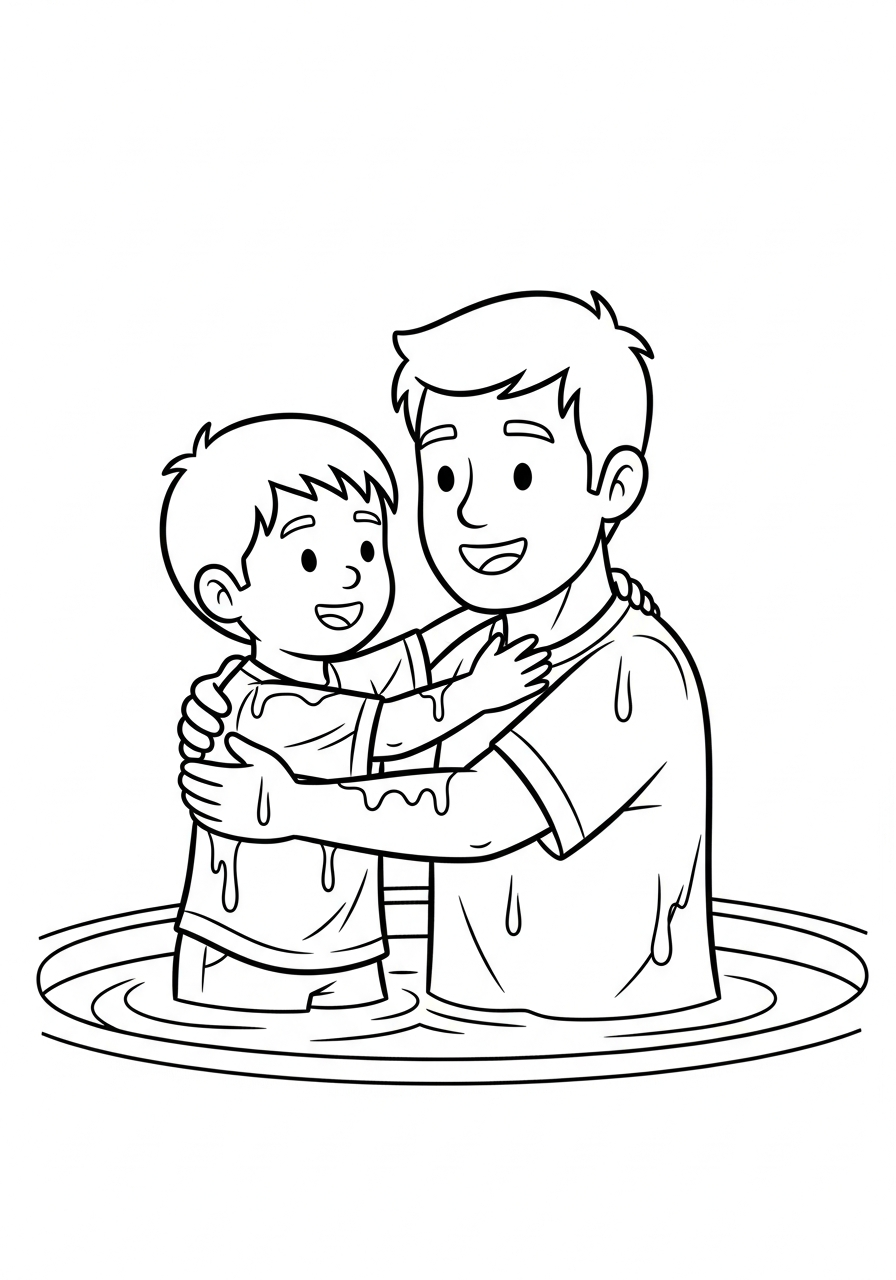 LDS Baptism Coloring Pages 12 Father hugging wet son inside font coloring page