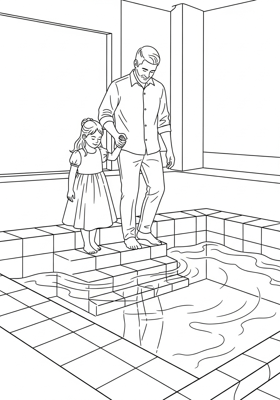 LDS Baptism Coloring Pages 13 Father leading daughter down steps into font coloring page