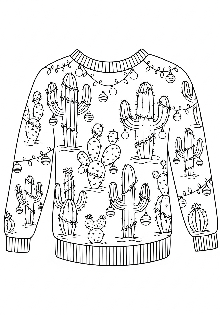 Ugly Christmas Sweater Coloring Pages 9 Festive cactus ugly Christmas sweater coloring page