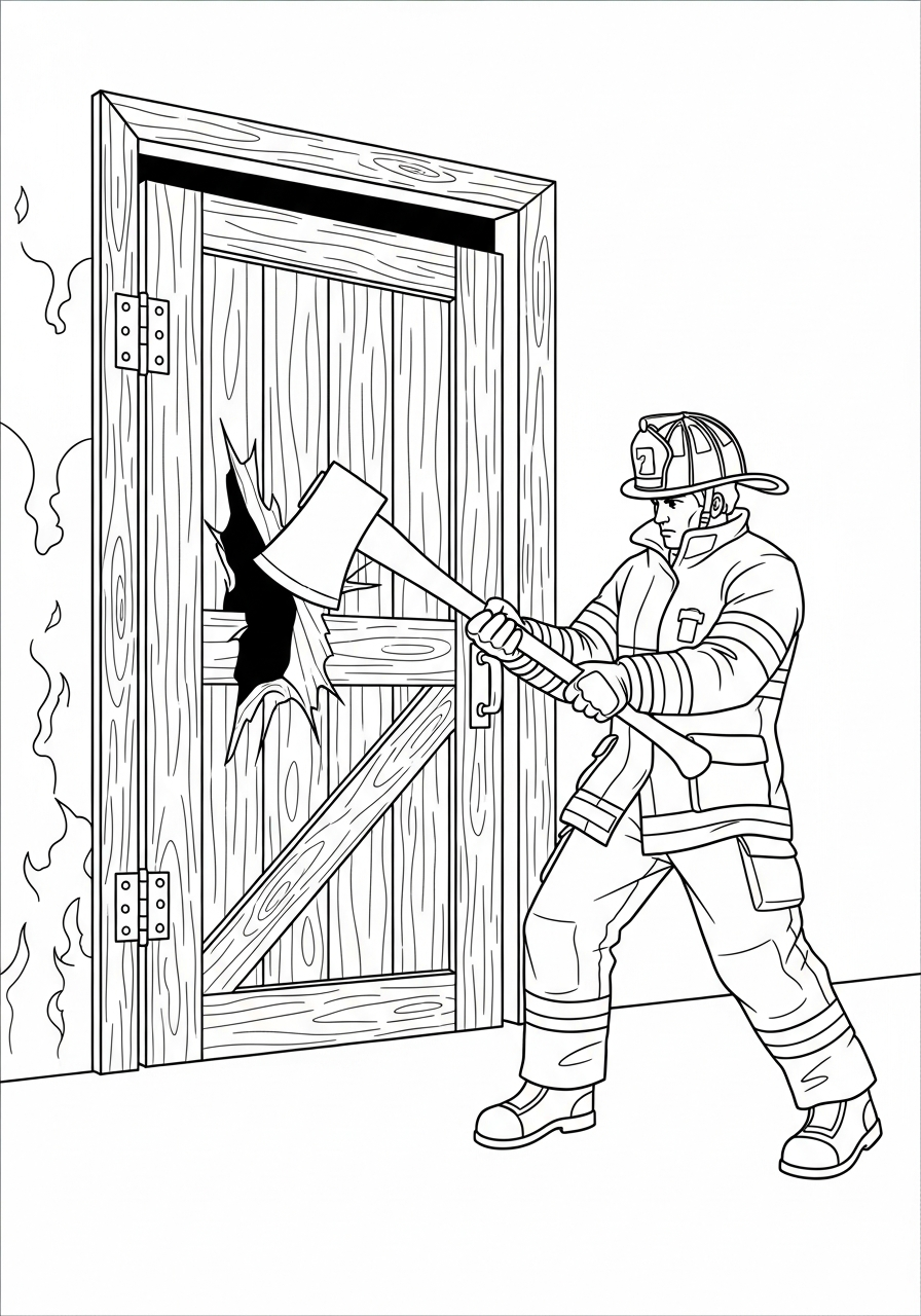 Fire Fighter Coloring Pages 10 Firefighter breaking door with axe coloring page