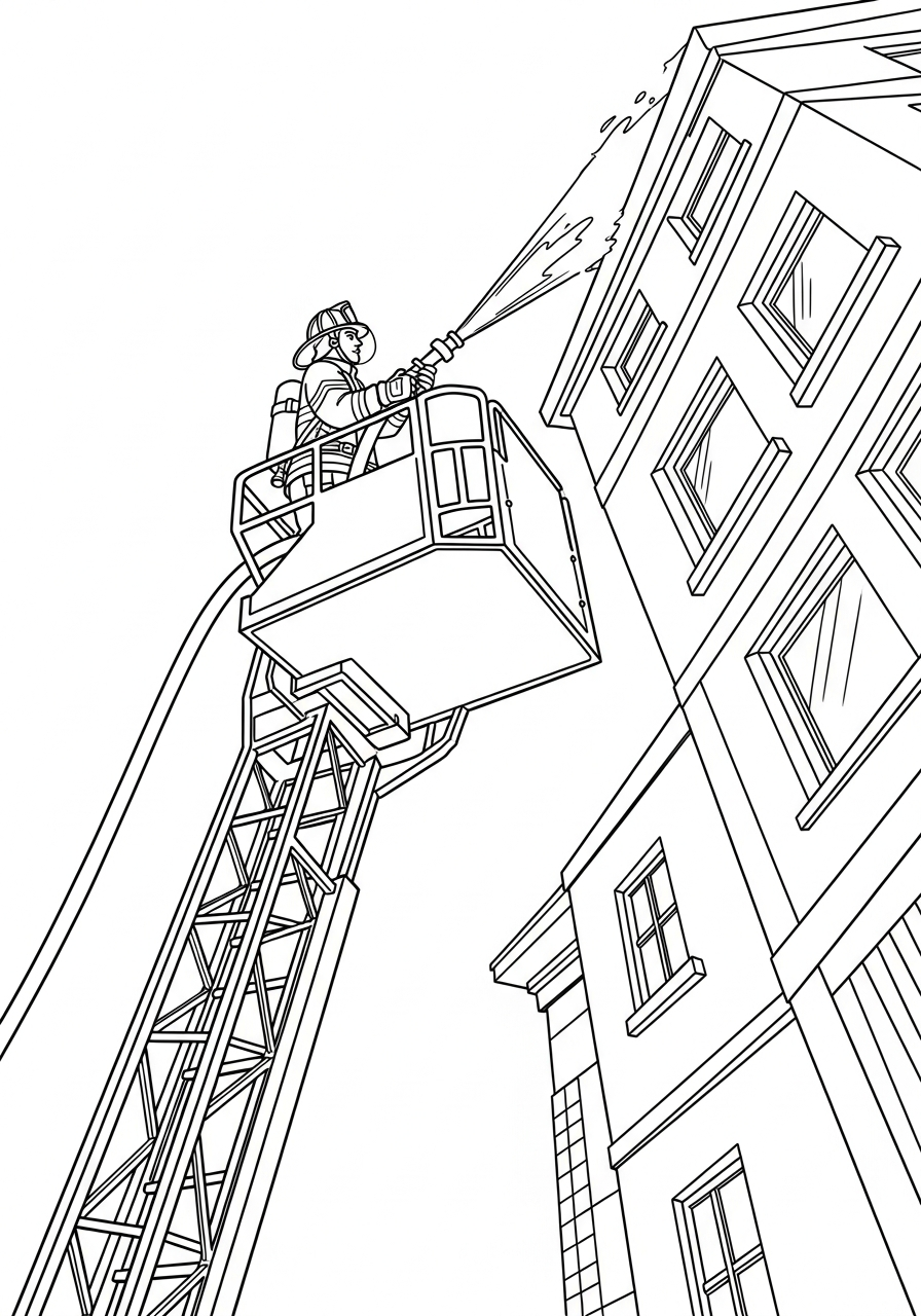 Fire Fighter Coloring Pages 16 Firefighter on ladder spraying building coloring page