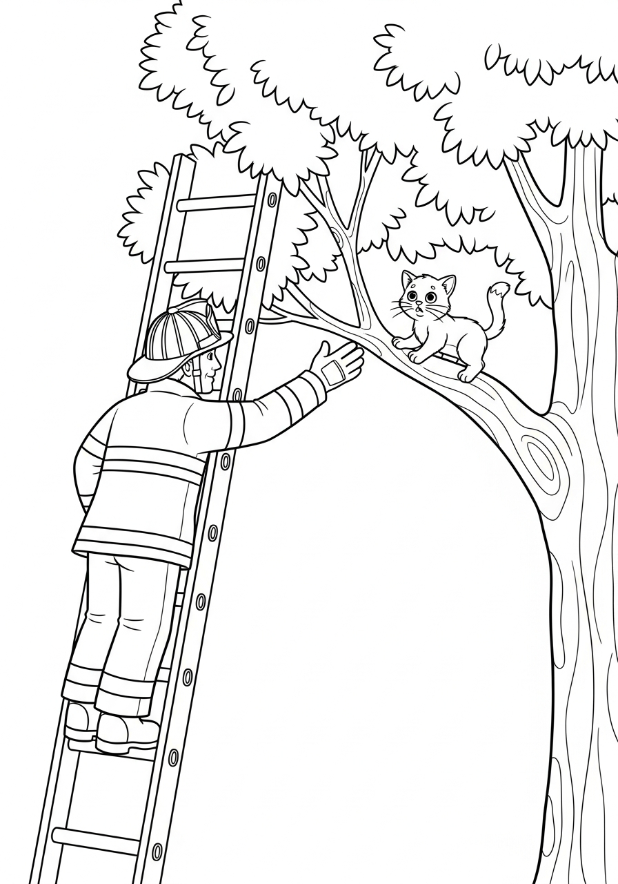 Fire Fighter Coloring Pages 17 Firefighter rescuing cat from tree coloring page