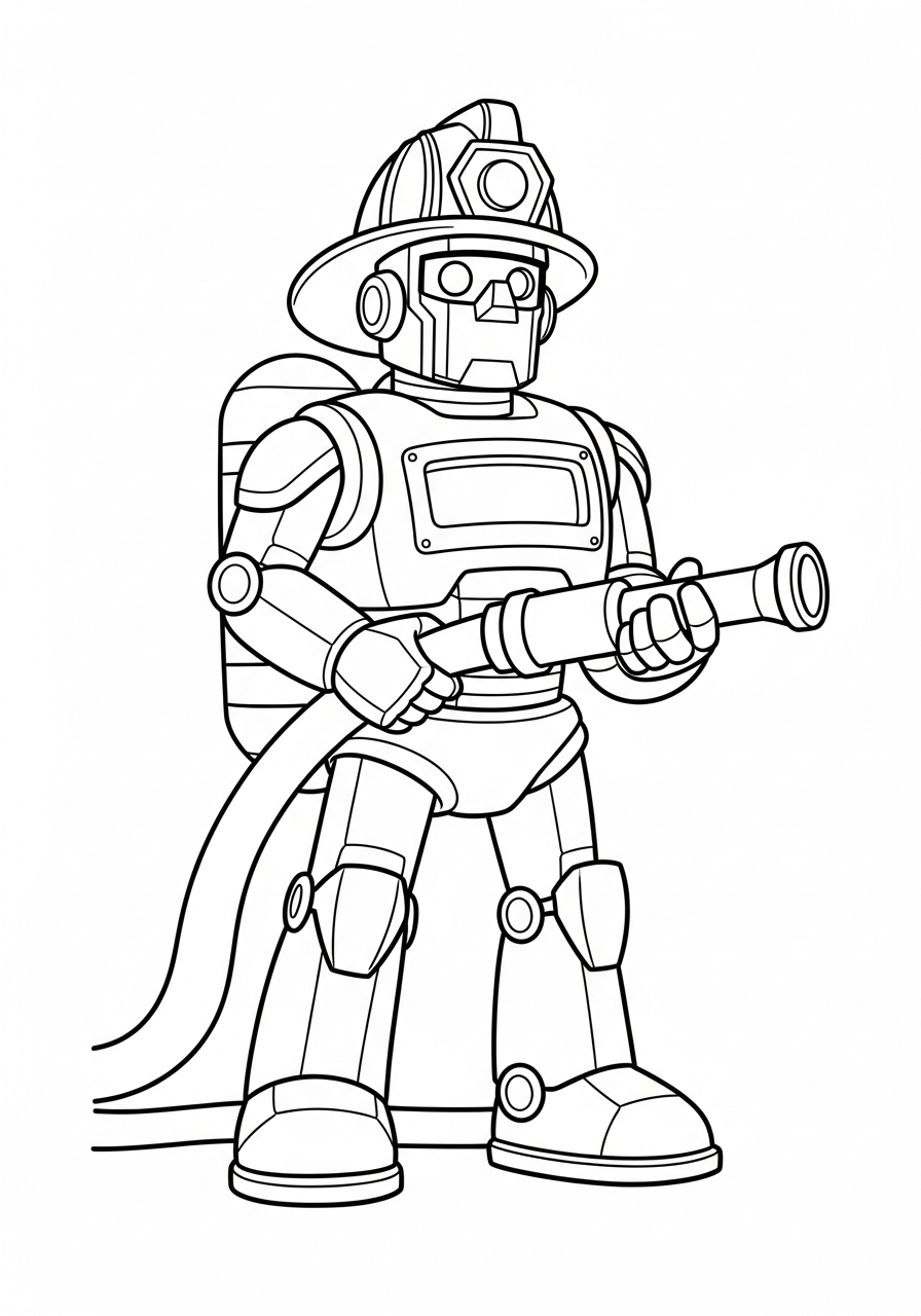 Robot Coloring Pages 15 Firefighter robot holding water hose coloring page
