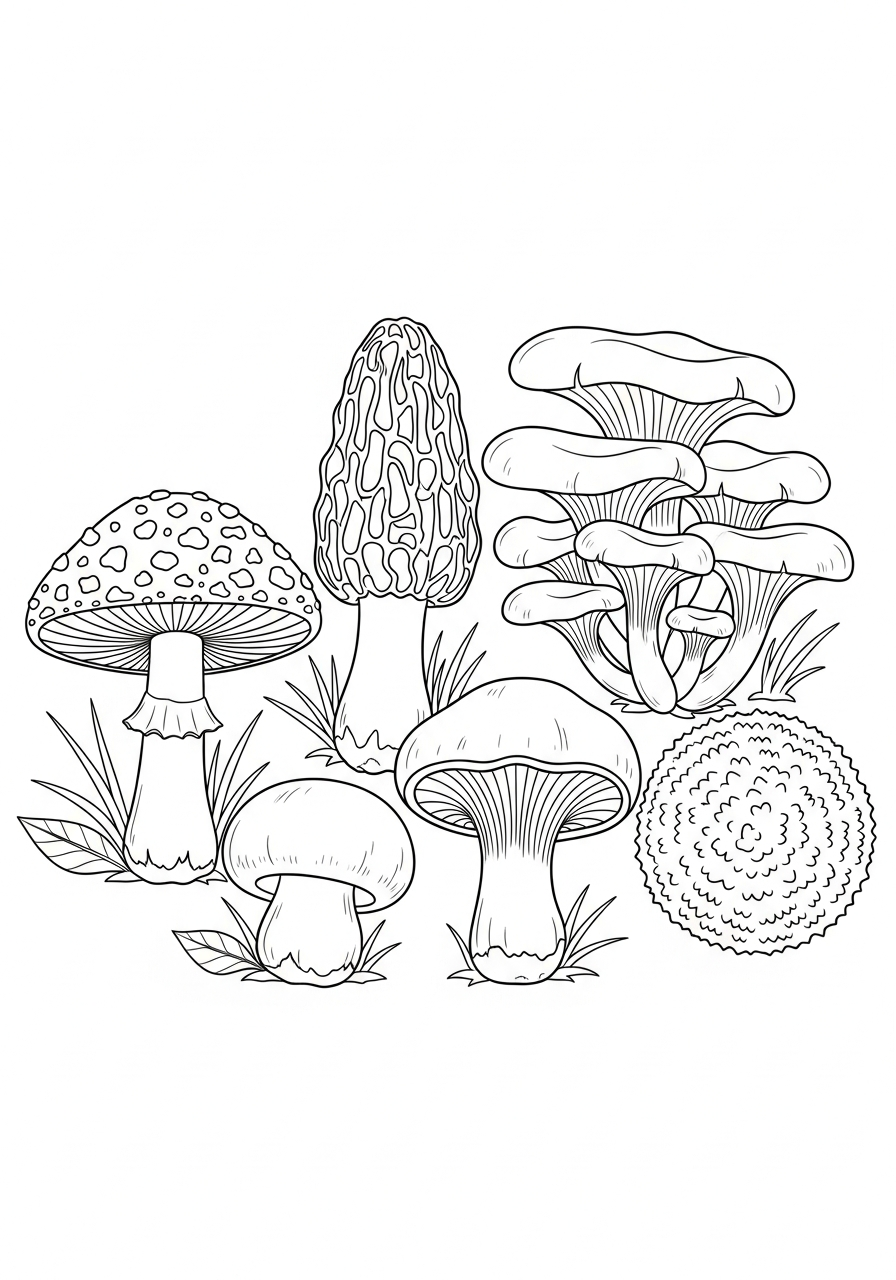 Mushroom Coloring Pages 10 Five different botanical mushroom species types coloring page