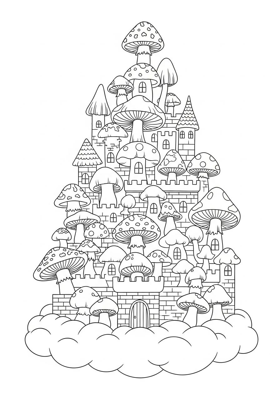 Mushroom Coloring Pages 11 Floating mushroom castle in the clouds coloring page