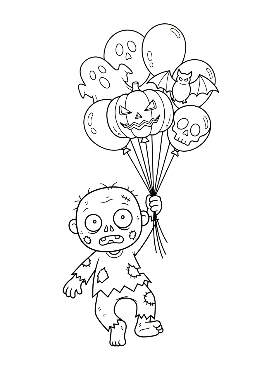 Zombie Coloring Pages 10 Floating zombie holding spooky balloons coloring page