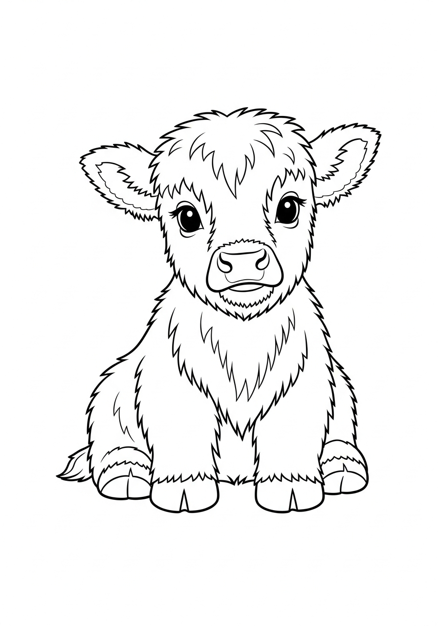 Highland Cow Coloring Pages 4 Fluffy baby Highland cow sitting coloring page
