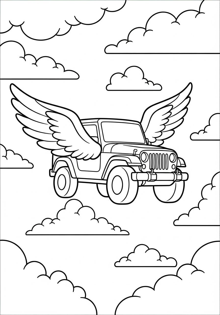 Jeep Coloring Pages 5 Flying Jeep in clouds coloring page