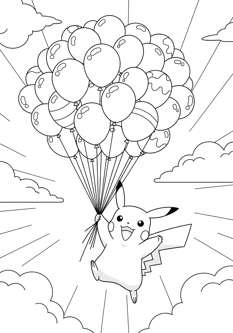 Pikachu Coloring Pages 12 Flying Pikachu with balloons coloring page