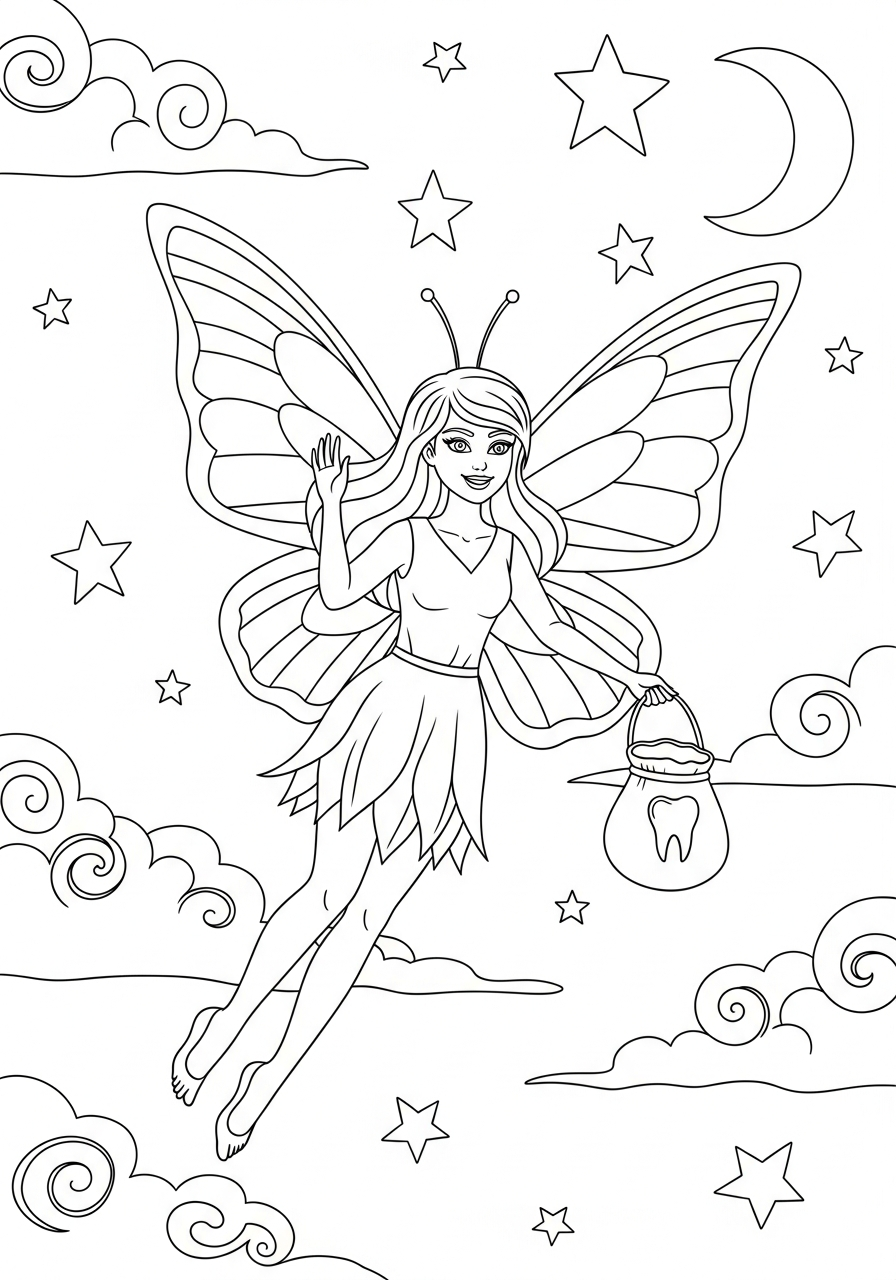 Tooth Fairy Coloring Pages 4 Flying Tooth Fairy in starry night coloring page