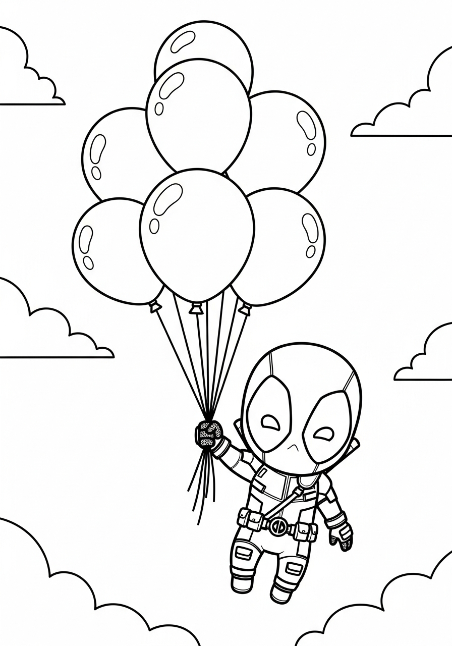 Deadpool Coloring Pages 32 Flying chibi Deadpool with balloons coloring page