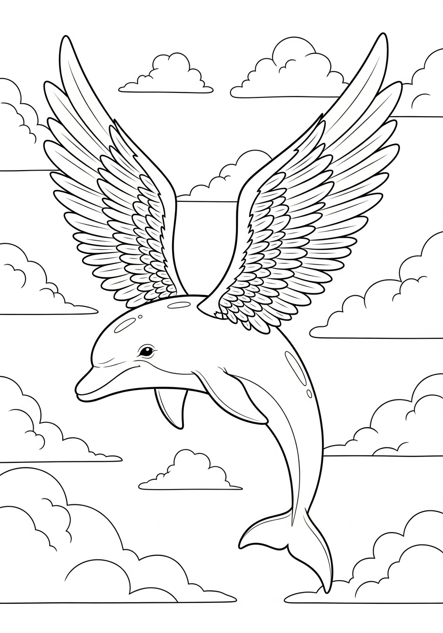 Dolphin Coloring Pages 17 Flying dolphin with angel wings coloring page