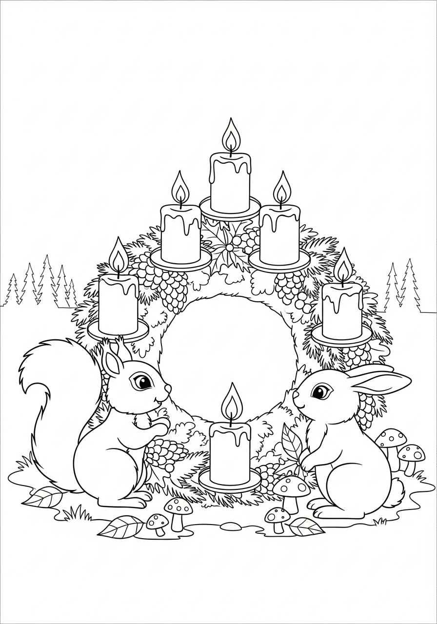 Advent Wreath Coloring Pages 11 Forest animals near Advent Wreath coloring page