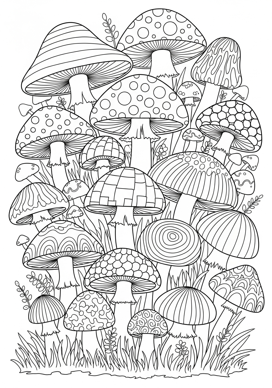 Mushroom Coloring Pages 12 Forest of mushrooms with zentangle patterns coloring page