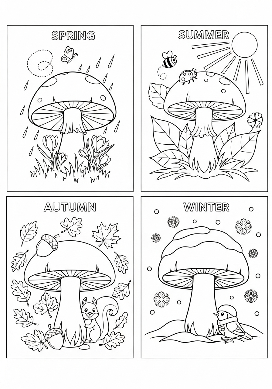 Mushroom Coloring Pages 13 Four seasons mushroom tree life cycle coloring page