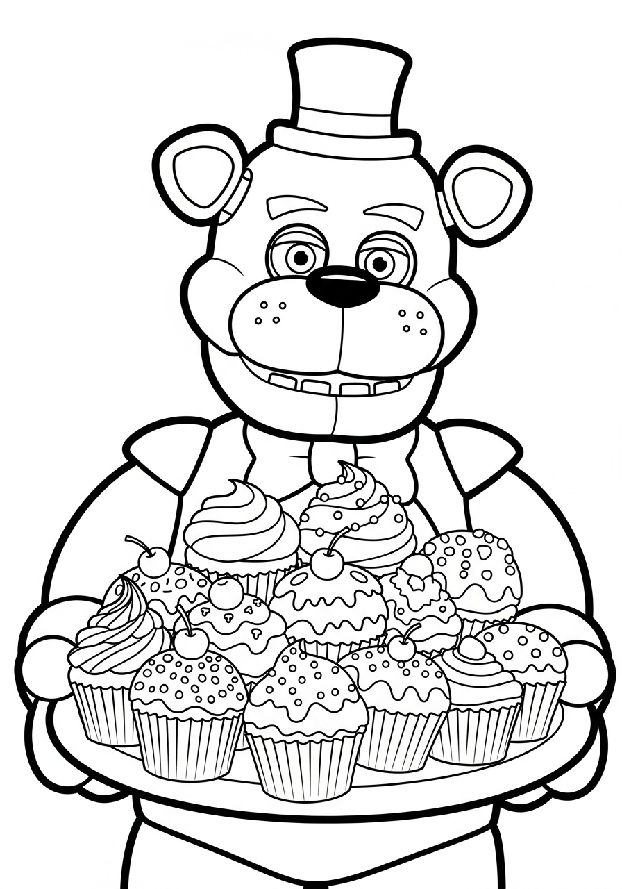 Freddy Fazbear Coloring Pages 13 Freddy Fazbear serving sweet cupcakes coloring page