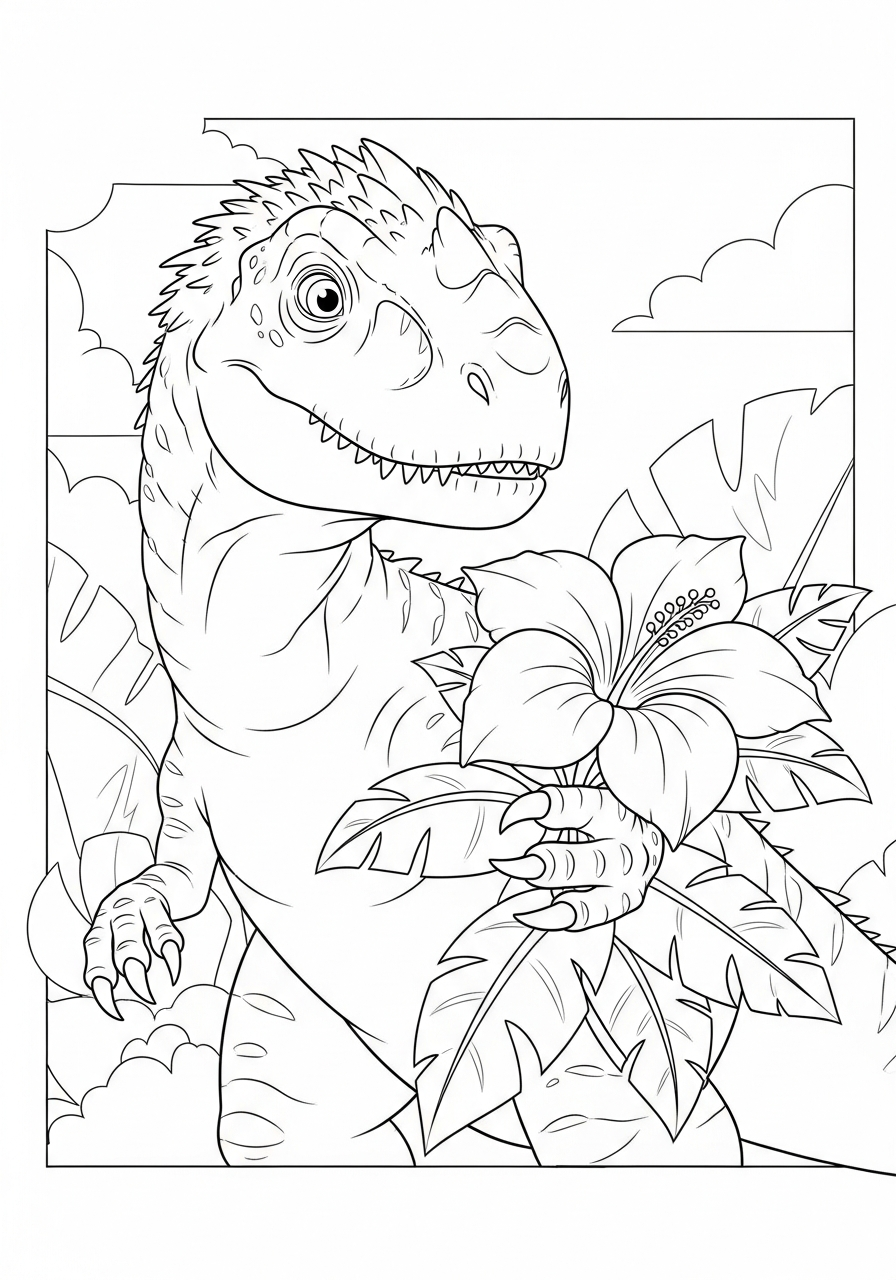 Indominus Rex Coloring Pages 9 Friendly Indominus Rex holding flower coloring page